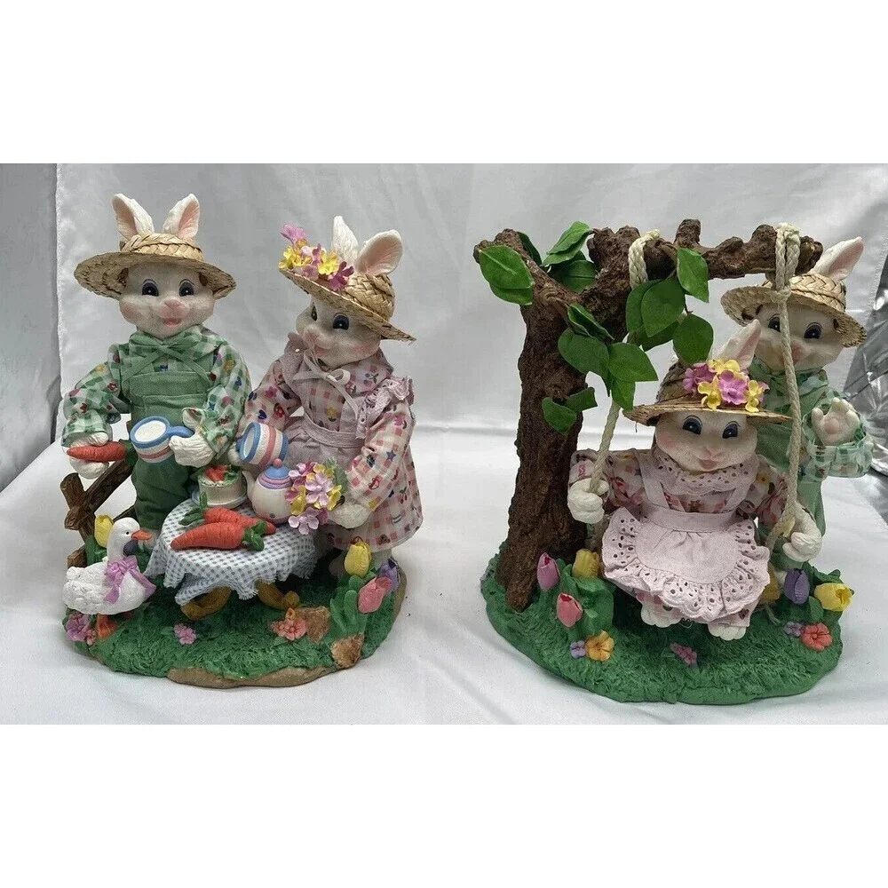 Set of 2 Spring Bunnies Fabric Mache Swinging & Picnicking Easter Spring w/Box
